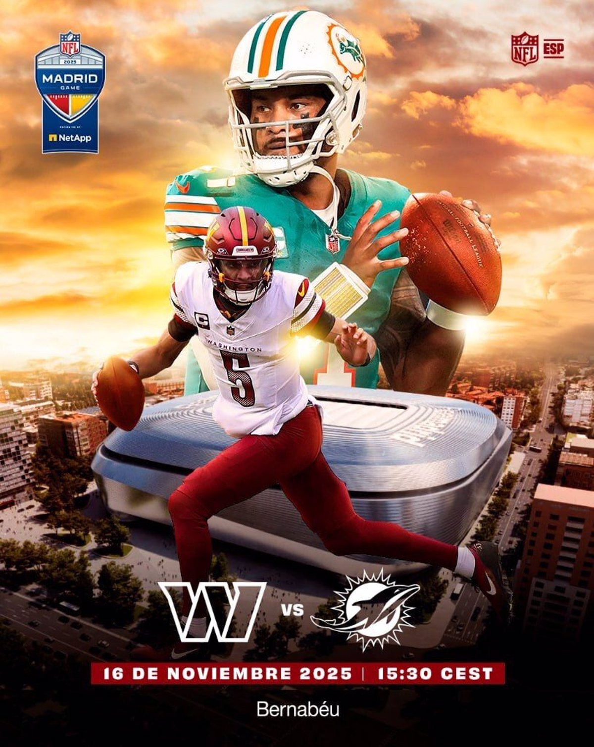 Los Commanders se enfrentarán a los Dolphins en el partido de la NFL en el Bernabéu el 16 de noviembre.